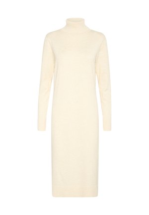 Kermainen korkeakauluksinen mekko, joka on valmistettu pehmeästä kankaasta. Pitkät hihat, tiukka siluetti, polvenpituinen, ribboitua hihansuita ja helmaa. Yksinkertainen, yhtenäinen väri.