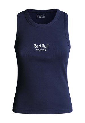 Laivastonsininen ribbineulottu hihaton toppi pyöreällä pääntiellä, jossa valkoinen kirjailtu "Red Bull RACING" -logo edessä. Sileä kangaspinta.