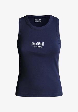 Canotta a coste blu navy con scollo rotondo, caratterizzata dal logo "Red Bull RACING" ricamato in bianco sul davanti. Tessuto dalla texture liscia.