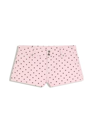 Pantaloni scurți pentru femei în roz deschis, cu buline închise la culoare, buzunare frontale, catarame pentru curea și închidere cu dublu nasture.