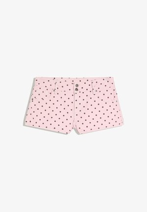 Shorts da donna rosa chiaro con pois scuri, tasche frontali, passanti per cintura e chiusura con doppio bottone.