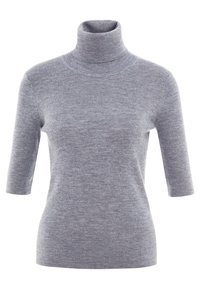 Suéter gris de cuello alto hecho de material acanalado, con mangas cortas y un diseño ajustado con una textura suave.
