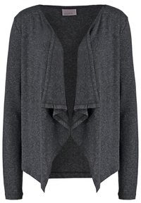 Tmavě šedý kardigan s otevřeným předním dílem a zavinovacím límcem, s dlouhými rukávy, vyrobený z měkké, texturované látky.