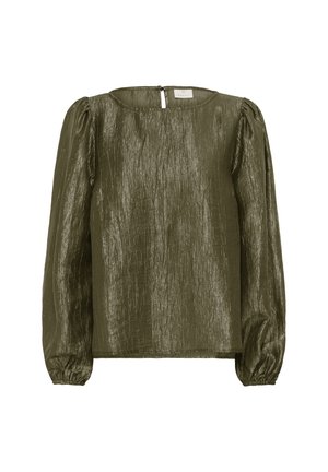 Olijfgroene blouse met een glanzende, gestructureerde afwerking, brede pofmouwen en een sleutelgat-sluiting aan de achterkant. Zacht, soepel vallende stof.