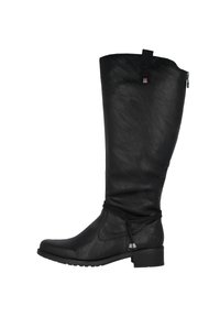 Bottes en cuir noir arrivant au genou avec une finition légèrement texturée, fermeture éclair sur le côté et une languette décorative, dotées d'un petit talon carré.