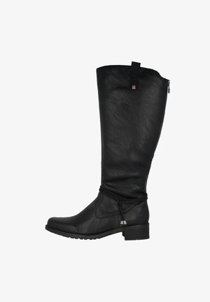 Bottes en cuir noir arrivant au genou avec une finition légèrement texturée, fermeture éclair sur le côté et une languette décorative, dotées d'un petit talon carré.