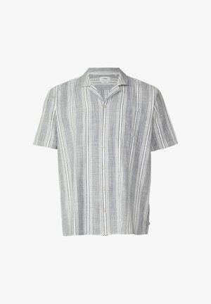 Kurzärmeliges Hemd zum Knöpfen mit grauen und weißen vertikalen Streifen und einer Brusttasche auf weißem Hintergrund.