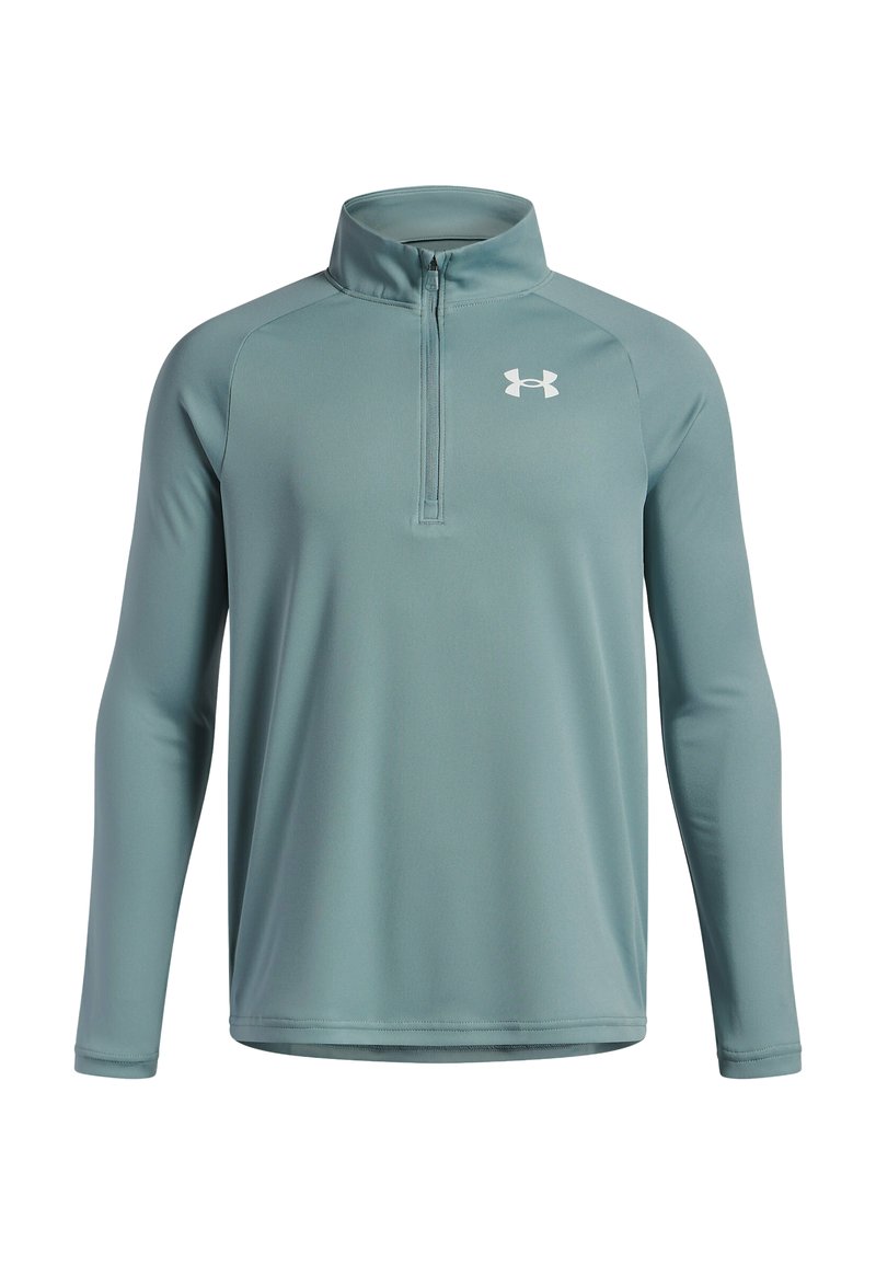 Langärmliger, türkisfarbener Half-Zip-Pullover aus glattem, atmungsaktivem Stoff mit weißem Logo auf der linken Brust und flachen Nähten.