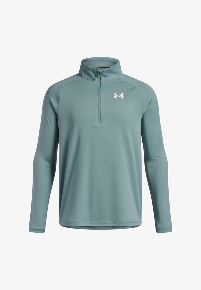 Langärmliger, türkisfarbener Half-Zip-Pullover aus glattem, atmungsaktivem Stoff mit weißem Logo auf der linken Brust und flachen Nähten.