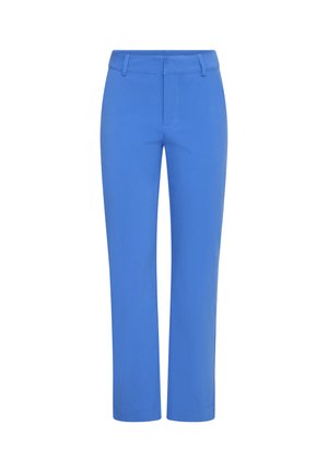 Pantalon bleu mi-haut à jambes droites avec passants pour ceinture et fermeture éclair à l'avant, présenté sur un fond blanc.