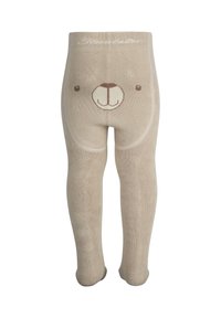 Beige Strumpfhose aus Wolle mit einem Bärenkopf-Design auf der Rückseite, ausgestattet mit einem gerippten Textur und aus weichem, dehnbarem Stoff.