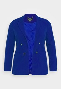 Blazer azul a medida con interior de satén. Presenta solapa con muesca, cierre de doble botonadura y botones en tono plateado.