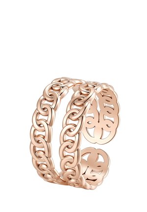 Offener Roségold-Ring mit zwei ineinander verschlungenen Kettenglied-Bändern und dekorativen Ausschnittmustern an den Enden.