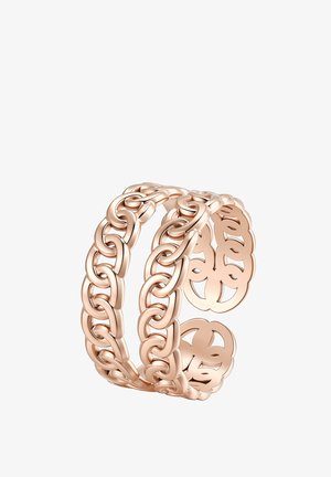 Offener Roségold-Ring mit zwei ineinander verschlungenen Kettenglied-Bändern und dekorativen Ausschnittmustern an den Enden.