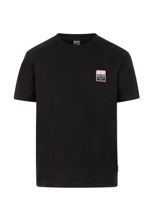 Sort bomulds-t-shirt med korte ærmer og rund hals. Bemærkelsesværdig lille lyserød og grøn logo-patch på venstre brystområde.