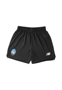 Mustat urheilushortsit, joissa on joustava vyötärönauha, valkoinen New Balancen logo ja värillinen joukkueen merkki vasemmassa lahkeessa.