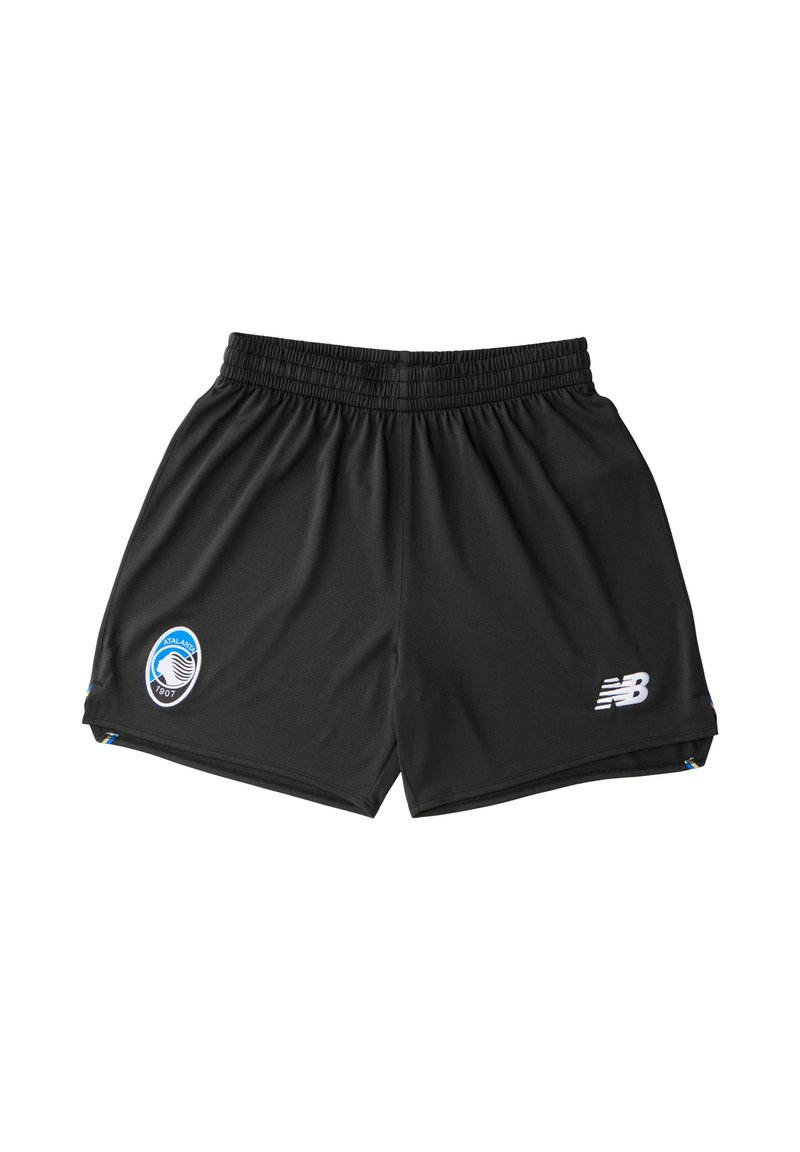 Mustat urheilushortsit, joissa on joustava vyötärönauha, valkoinen New Balancen logo ja värillinen joukkueen merkki vasemmassa lahkeessa.
