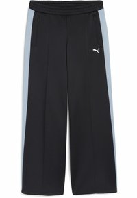 Zwarte trainingsbroek met lichtblauwe zijpanelen, elastische tailleband en ritszakken. Gemaakt van zacht, rekbaar materiaal. Witte Puma-logo aan de voorkant.