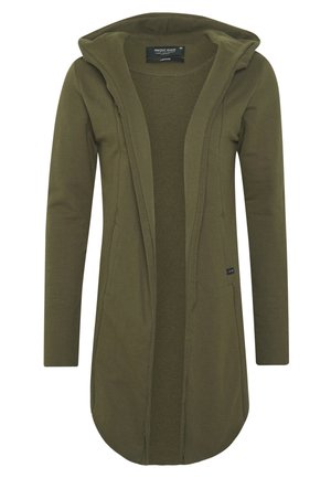 Olive green hooded cardigan made of soft fabric, features an open front, long sleeves, and a rounded hem with side pockets.