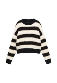 Czarny i kremowy sweter o krótkim kroju w paski z ribbową teksturą. Posiada poziome paski oraz okrągły dekolt. Dodatki obejmują złote detale.