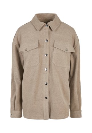 Jachetă bej din lână cu nasturi, mâneci lungi, două buzunare frontale cu clapetă și nasturi tip capse și guler clasic.