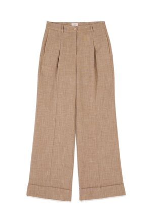 Beige, weit geschnittene Hose mit hoher Taille, vorderen Falten, Gürtelschlaufen, Knopfverschluss und breiten, umgeschlagenen Säumen.