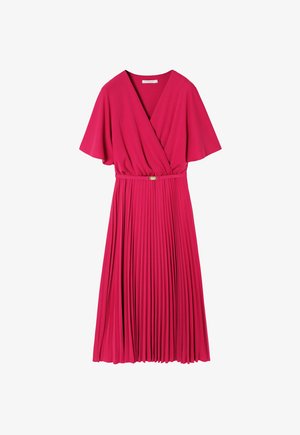 Fuchsia geplooide jurk met een diepe V-hals, korte mouwen, een getailleerde taille en een vloeiende rok. Glad materiaal zonder zichtbare patronen.