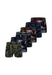 Six paires de boxers noirs avec des motifs géométriques variés en jaune, bleu, rouge et orange. Ceinture douce avec le logo "Umbro".