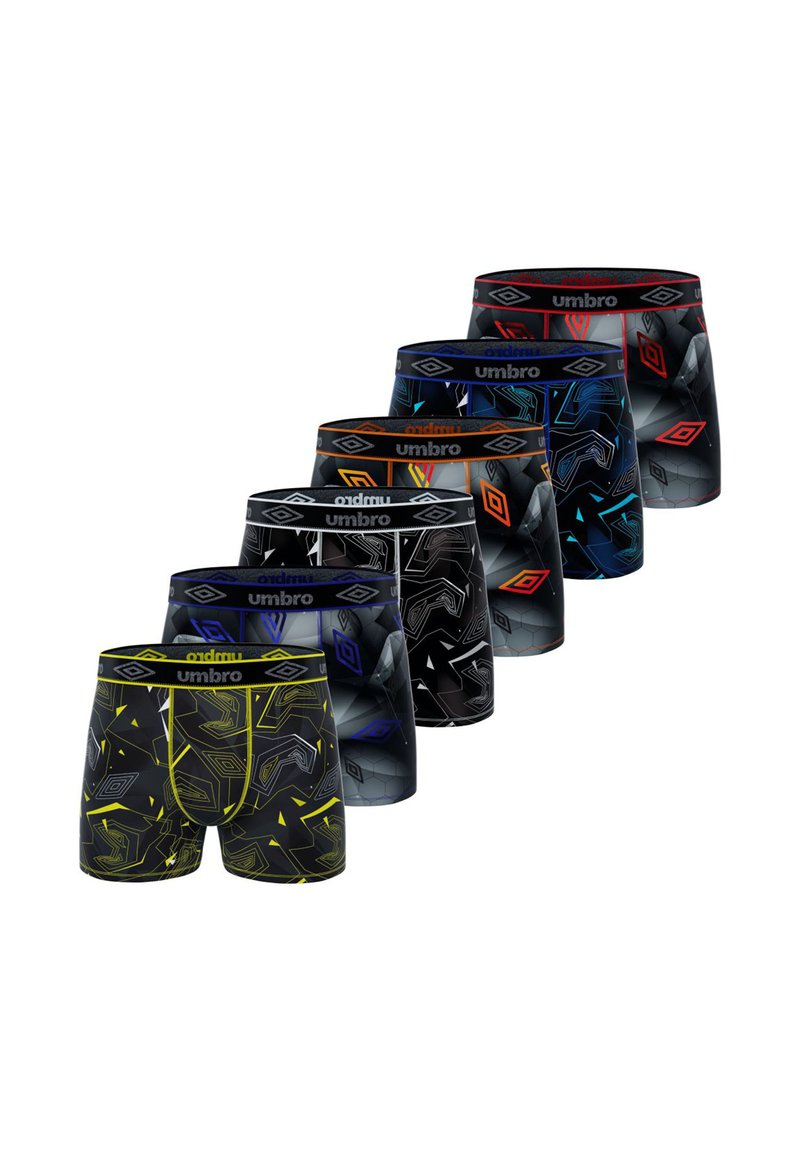 Six paires de boxers noirs avec des motifs géométriques variés en jaune, bleu, rouge et orange. Ceinture douce avec le logo "Umbro".