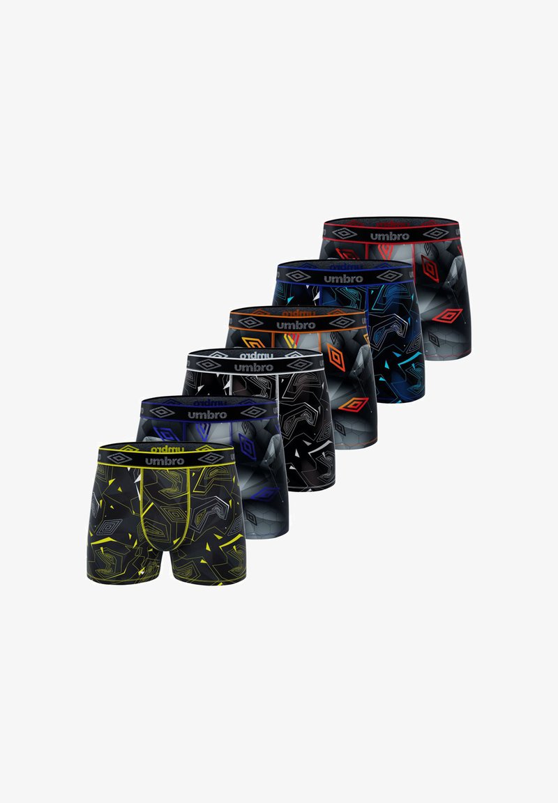 Six paires de boxers noirs avec des motifs géométriques variés en jaune, bleu, rouge et orange. Ceinture douce avec le logo "Umbro".