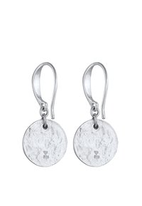 Orecchini in argento con dischi circolari texturizzati e finitura lucida, sospesi da una chiusura a leva. Marcati 925 per argento sterling.