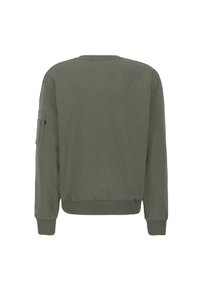 Sweat-shirt vert olive à manches longues avec poignets et ourlet côtelés, doté d'une poche zippée sur la manche gauche, vu de dos.