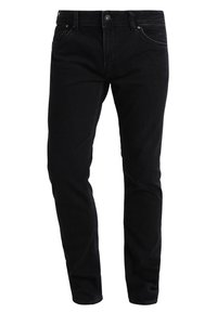 Schwarze Denim-Jeans mit schmaler Passform, fünf Taschen, Gürtelschlaufen und klassischem Knopfverschluss. Glatte Textur mit dezenten Nähtedetails.