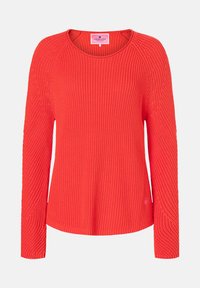 Langärmliger, gerippter Strickpullover in lebhaftem Korallenrot. Verfügt über einen runden Ausschnitt und Raglanärmel. Das Material zeigt ein strukturiertes Muster.