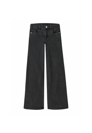 Jean noir à jambes larges avec cinq poches, bouton argenté et passants de ceinture, présenté à plat sur fond blanc.
