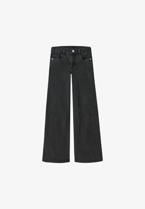 Jean noir à jambes larges avec cinq poches, bouton argenté et passants de ceinture, présenté à plat sur fond blanc.