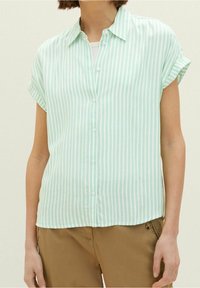 Striped short-sleeve shirt in light green and white. Features a collared neckline, button front, and soft texture.