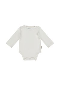 Long-sleeve baby bodysuit in soft, white cotton. Features a round neck and snap closures at the shoulder and bottom for easy dressing.