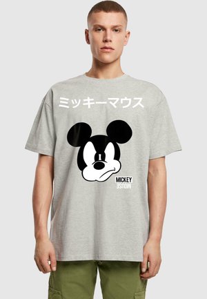 Graues Baumwoll-T-Shirt mit einem großen schwarzen Mickey Mouse-Graphic auf der Vorderseite, mit japanischem Text darüber und dem "MICKEY MOUSE"-Label darunter.