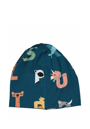 Børneblå stofhat med farverige dyreillustrationer inklusiv en tiger, panda, enhjørning, slange og næsehorn.