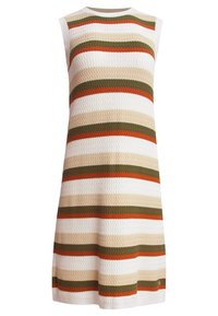 Strickkleid ohne Ärmel mit horizontalen Streifen in Creme, Olivgrün, Rost und Beige. Strukturierte, leicht ausgestellte Silhouette.