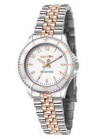 Orologio in acciaio inossidabile argento e rosé con quadrante bianco, cassa rotonda, numeri arabi e lunetta rotante texturizzata. Impermeabile fino a 100 metri.