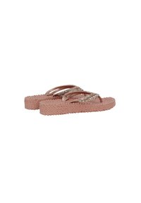Paar rosa gewebte Plateausandalen mit glänzenden Riemen, verziert mit kleinen glitzernden Strasssteinen.