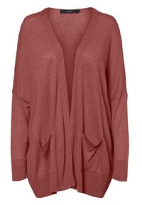 Oversize, åben cardigan i en afdæmpet rustfarve, lavet af et blødt strikket materiale; har to forlommer og ribstrikkede manchetter.