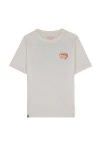 Kurze Ärmel, cremefarbenes T-Shirt aus Baumwolle, mit einem kleinen grafischen Druck in Orange und Schwarz auf der Brust, mit dem Text "SCALPERS".