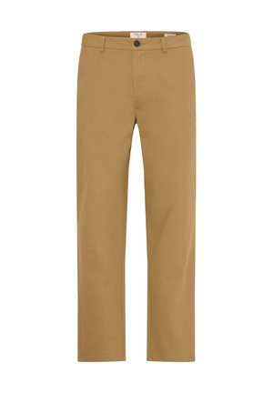 Tan chinos with a straight-leg design, made from cotton fabric. Features a front button closure and standard pockets. Smooth texture.
