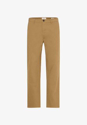 Tan chinos with a straight-leg design, made from cotton fabric. Features a front button closure and standard pockets. Smooth texture.