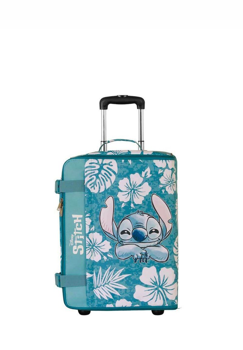 Maleta de material rígido con un patrón floral azul que incluye un personaje de dibujos animados. Cuenta con un asa retráctil y ruedas para facilitar su movilidad.