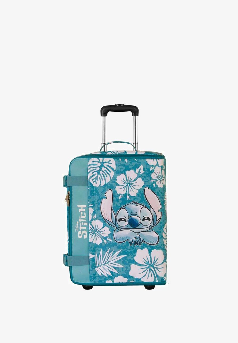 Harde koffer met een blauw bloemenpatroon en een cartoonfiguur. Inclusief een uitschuifbare handgreep en wielen voor mobiliteit.