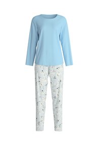 Maglietta a maniche lunghe di un leggero blu abbinata a pantaloni del pigiama a fantasia con animali e alberi su uno sfondo blu chiaro. Tessuto morbido e confortevole.